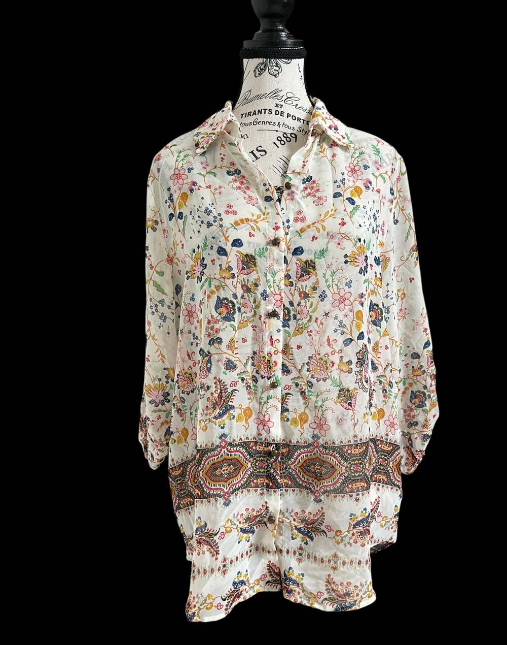 One World Live & Let Live Boho Floral Paisley Tunic Button Shirt L